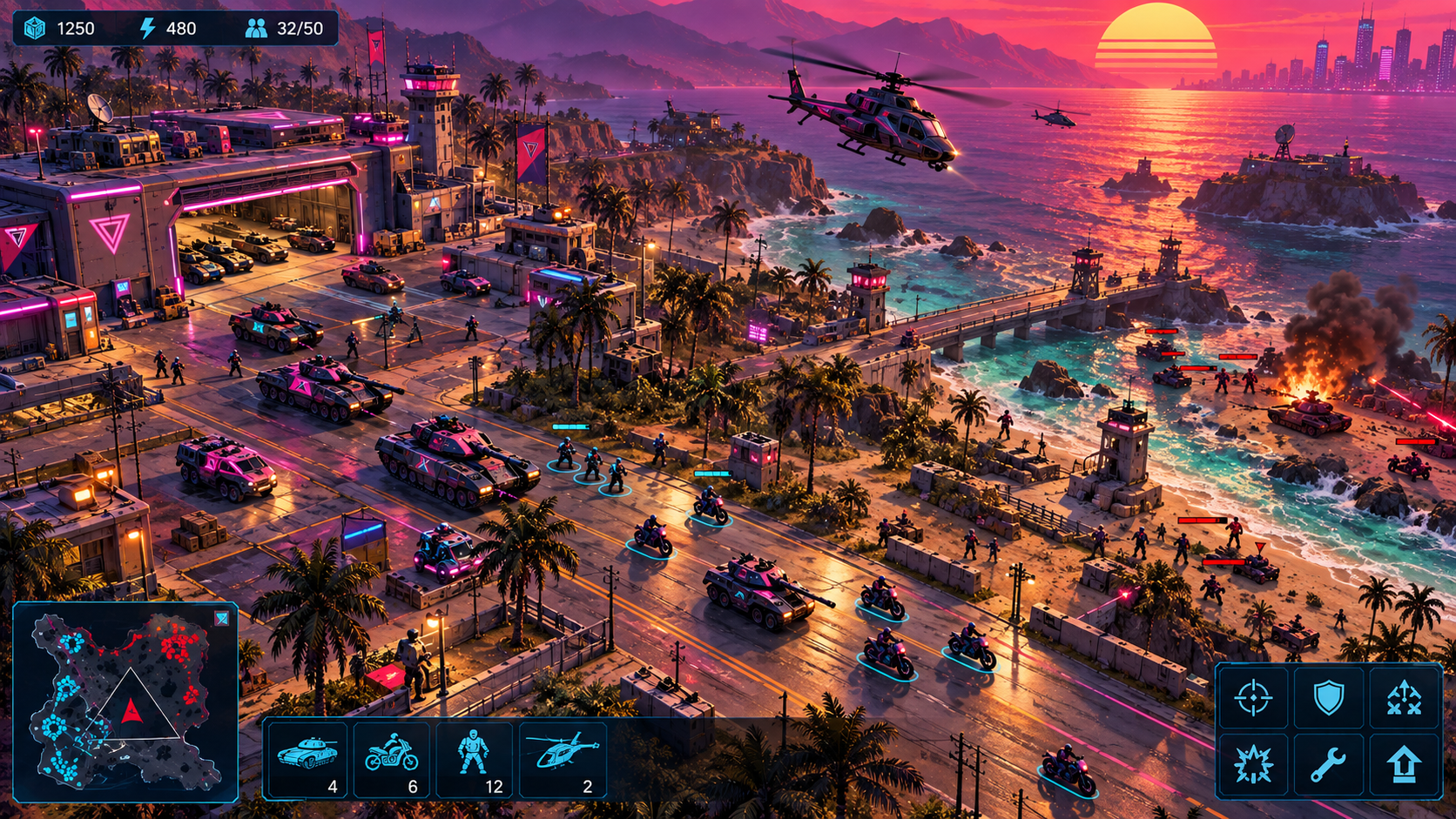 Sunset Command RTS játékmenet-látványterv tankokkal, gyalogosokkal, katonák által vezetett motorokkal és helikopterekkel, magas döntött kameranézettel, parti bázissal, minitérképpel és egységirányító felülettel