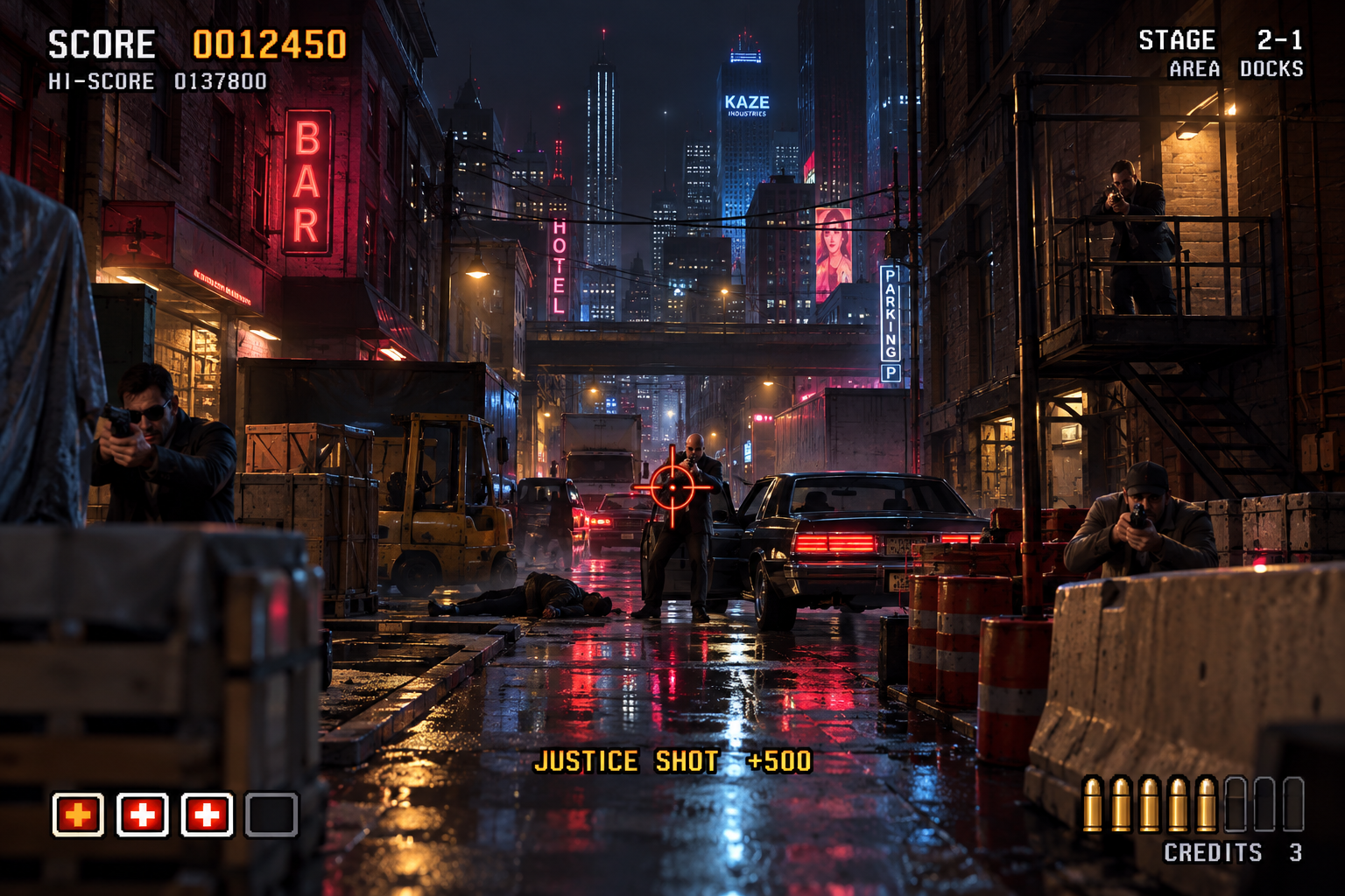 Night Trigger játékmenet-látványterv célkereszttel, arcade pontszámjelzőkkel és fegyveres ellenfelekkel egy esős városi utcában