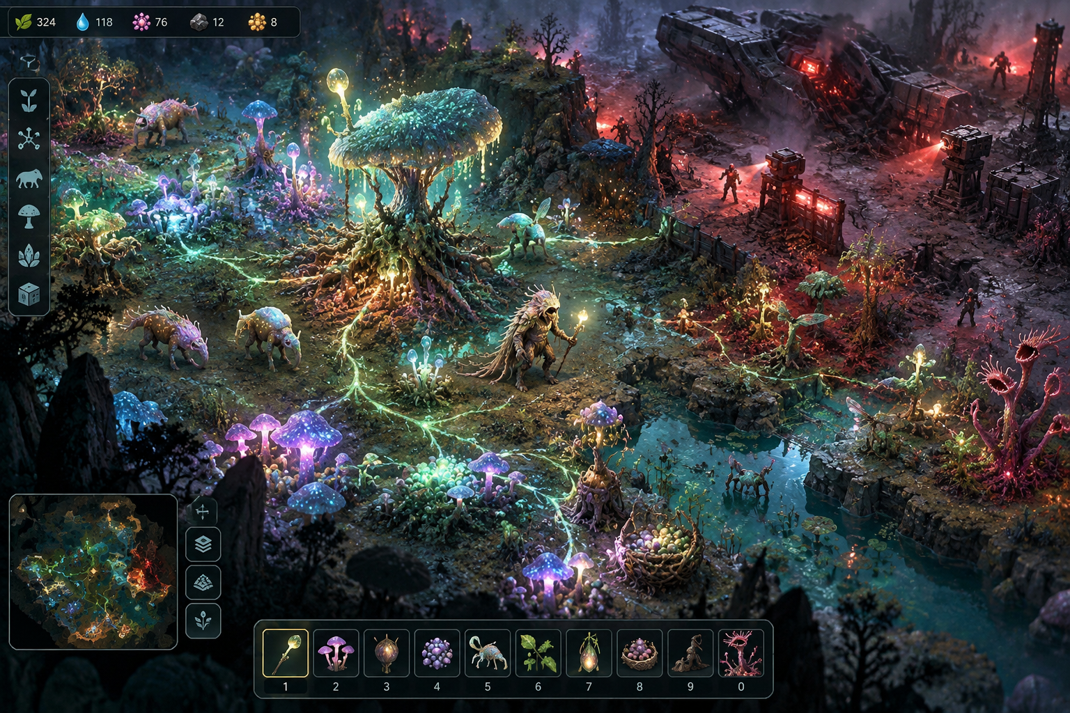 Living Circuit gameplay-látványterv idegen kertésszel, világító micéliummal, biolumineszcens növényzettel, állati logisztikával és egy lezuhant űrhajó melletti ipari teleppel