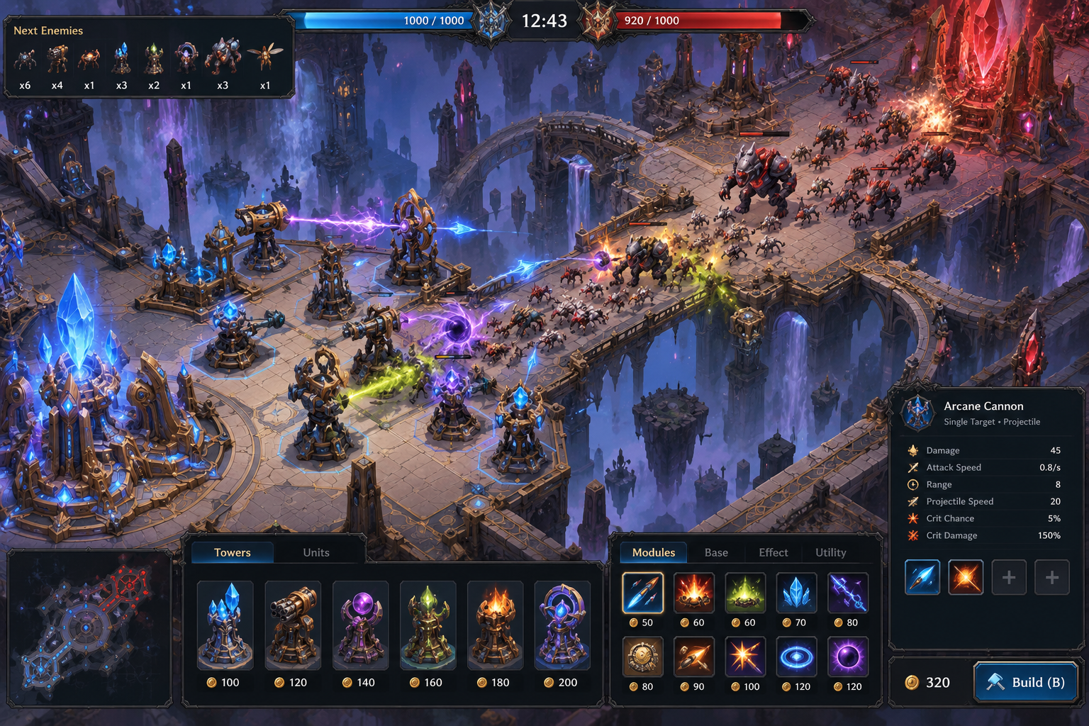 Towerforge Arena játékmenet-látványterv kék és vörös erődökkel, a következő ellenfelek listájával, torony- és modulmenükkel, valamint a kiválasztott torony adataival